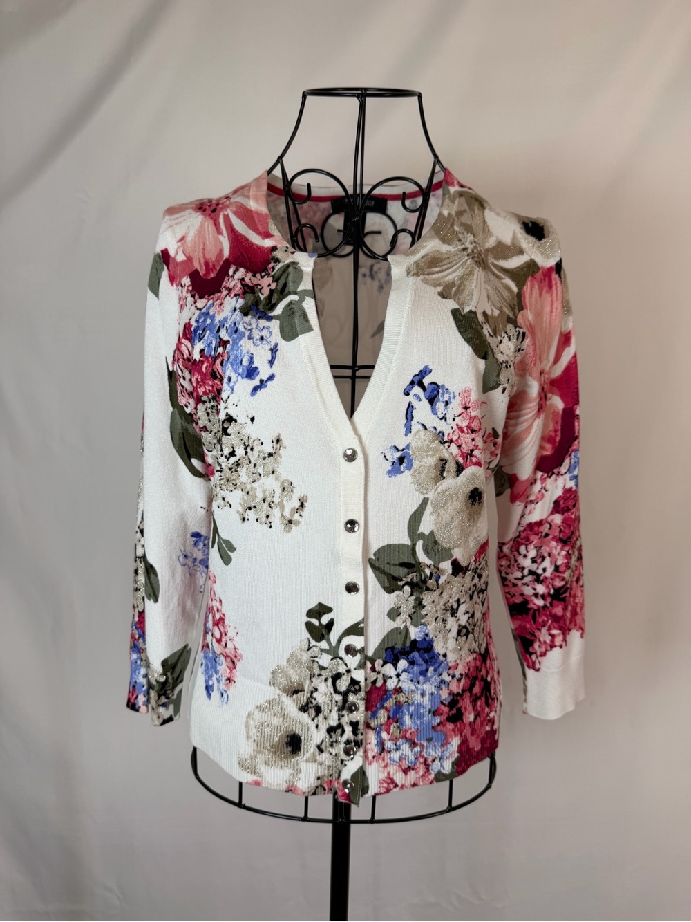 White House Black Market Floral Button-Front Cardigan in White, Pink & Blue